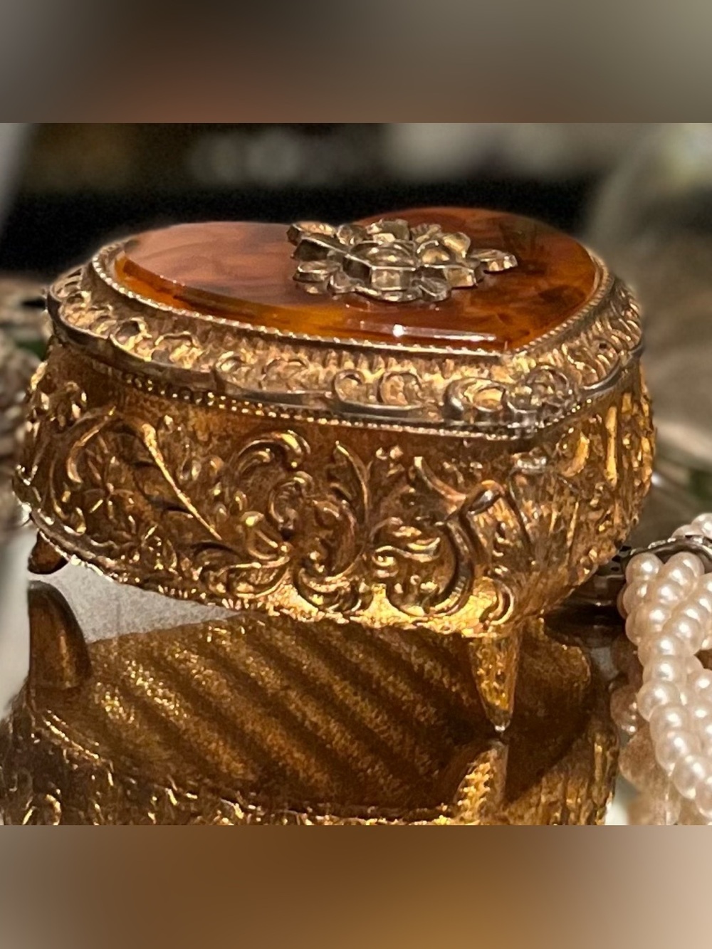 Vintage Heart Jewelry Casket - Amber Rose & Red Velvet,Ornate Heart Trinket Box